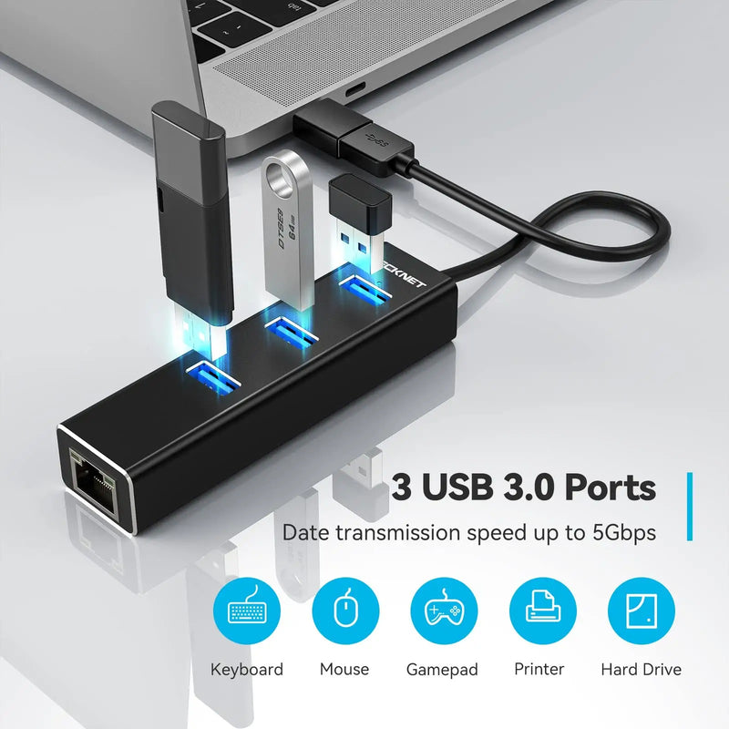 TECKNET USB to Ethernet Adapter, Aluminum 3 Port USB 3.0 Hub with RJ45 10/100/1000 Gigabit Ethernet Adapter