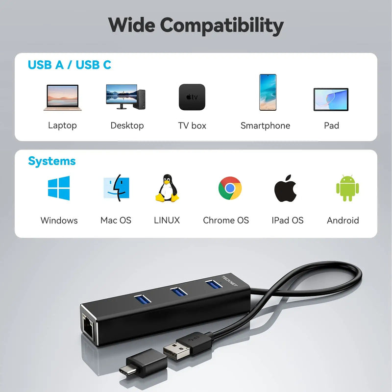 TECKNET USB to Ethernet Adapter, Aluminum 3 Port USB 3.0 Hub with RJ45