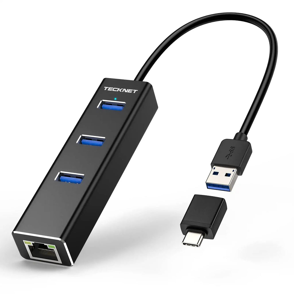 TECKNET USB to Ethernet Adapter, Aluminum 3 Port USB 3.0 Hub 