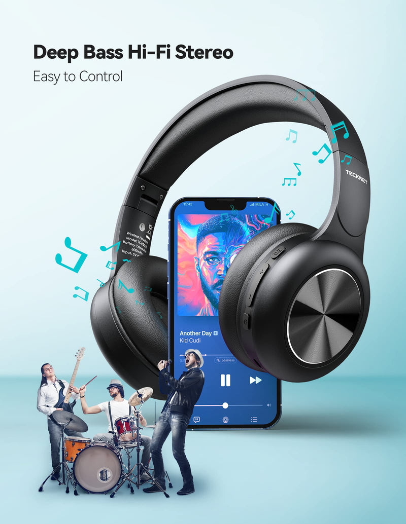 TECKNET Wireless Bluetooth Over Ear Headphones, Foldable Lightweight Headset with Deep Bass