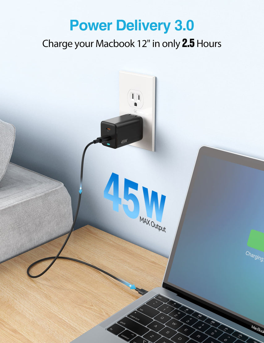 TECKNET USB C Charger 45W GaN Wall Charger, PPS Fast Charging with Dual Port