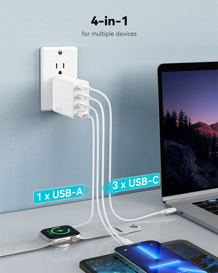 TECKNET 100W USB C Wall Charger, 4 Port GaN Ⅲ Portable USB-C Fast Charger Block with Type C Cable