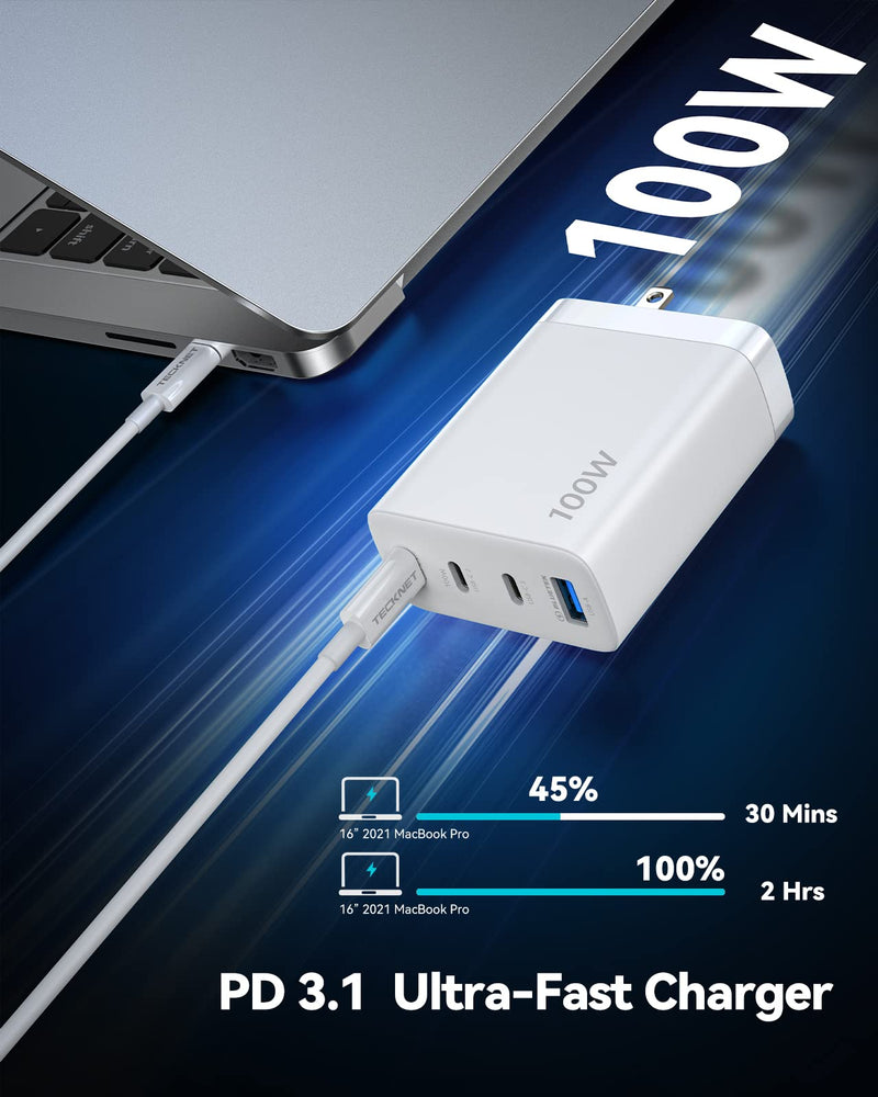 TECKNET 100W USB C Wall Charger, 4 Port GaN Ⅲ Portable USB-C Fast Charger Block with Type C Cable