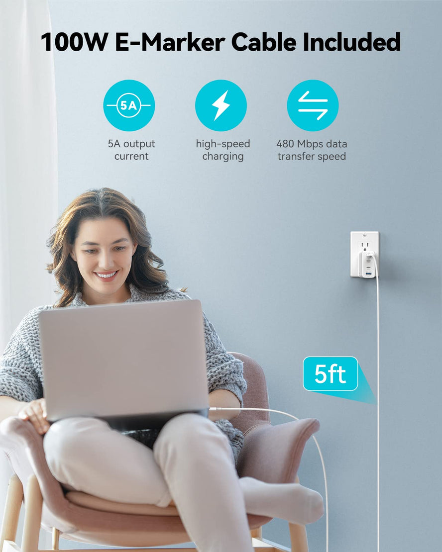 TECKNET 100W USB C Wall Charger, 4 Port GaN Ⅲ Portable USB-C Fast Charger Block with Type C Cable